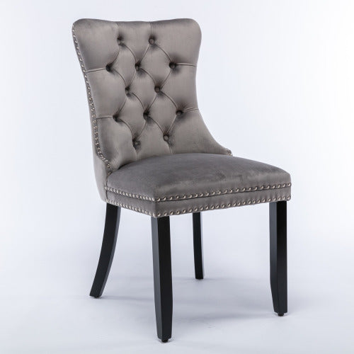 Single Gray Tufted Velvet Dining Chair, Solid Wood Frame & Wood Legs, Nailhead Trim, 300lbs Capacity