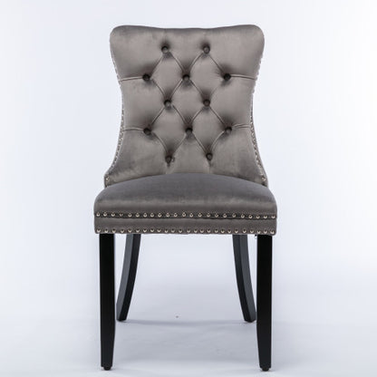 Single Gray Tufted Velvet Dining Chair, Solid Wood Frame & Wood Legs, Nailhead Trim, 300lbs Capacity