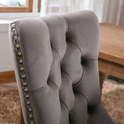 Single Gray Tufted Velvet Dining Chair, Solid Wood Frame & Wood Legs, Nailhead Trim, 300lbs Capacity