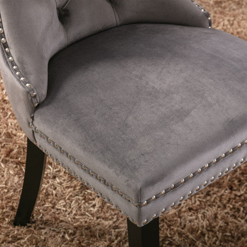 Single Gray Tufted Velvet Dining Chair, Solid Wood Frame & Wood Legs, Nailhead Trim, 300lbs Capacity