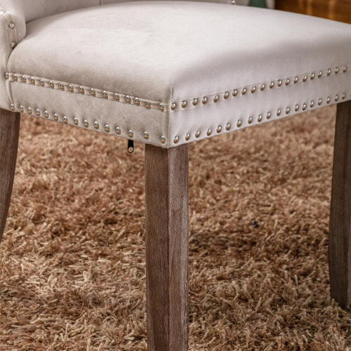 Single Beige Tufted Velvet Dining Chair, Solid Wood Frame & Wood Legs, Nailhead Trim, 280lbs Capacity