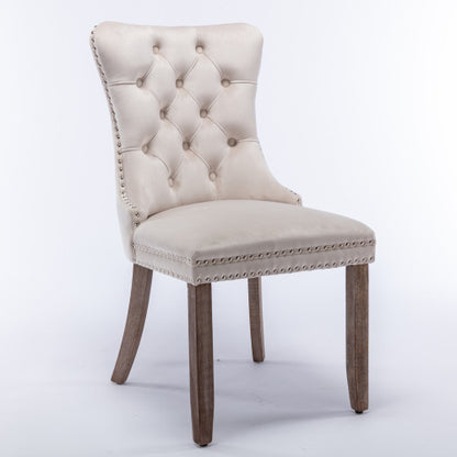 Single Beige Tufted Velvet Dining Chair, Solid Wood Frame & Wood Legs, Nailhead Trim, 280lbs Capacity