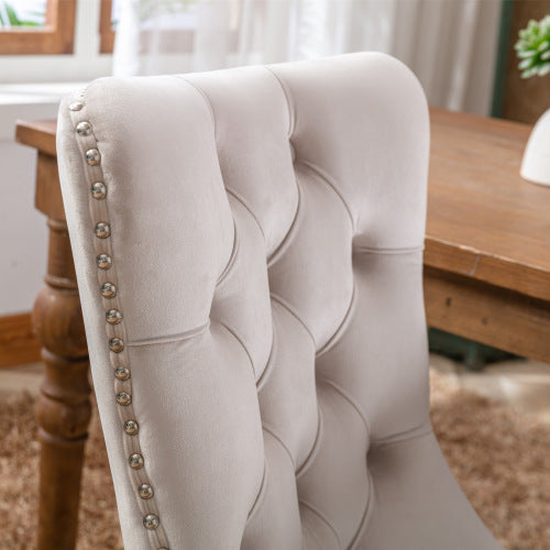Single Beige Tufted Velvet Dining Chair, Solid Wood Frame & Wood Legs, Nailhead Trim, 280lbs Capacity