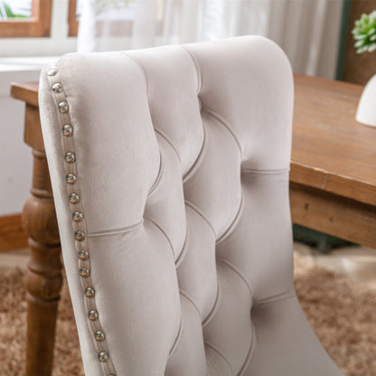 Single Beige Tufted Velvet Dining Chair, Solid Wood Frame & Wood Legs, Nailhead Trim, 280lbs Capacity