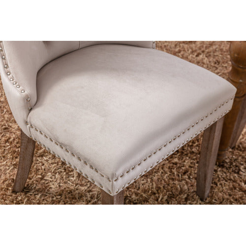 Single Beige Tufted Velvet Dining Chair, Solid Wood Frame & Wood Legs, Nailhead Trim, 280lbs Capacity
