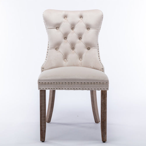 Modern, High-end Tufted Solid Wood Contemporary Velvet Upholstered Dining Chair with Wood Legs Nailhead Trim 2-Pcs Set,Beige