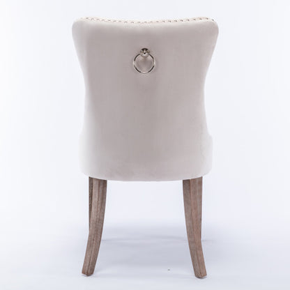 Single Beige Tufted Velvet Dining Chair, Solid Wood Frame & Wood Legs, Nailhead Trim, 280lbs Capacity