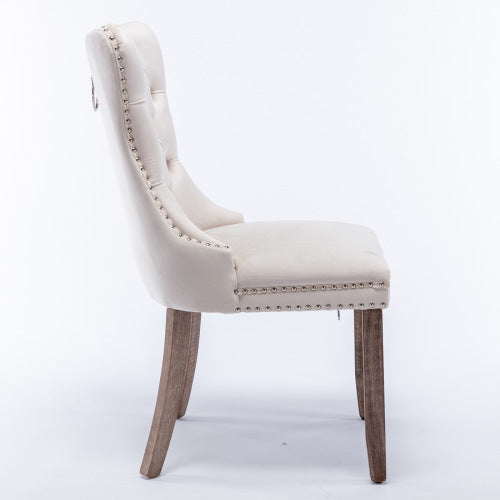 Single Beige Tufted Velvet Dining Chair, Solid Wood Frame & Wood Legs, Nailhead Trim, 280lbs Capacity
