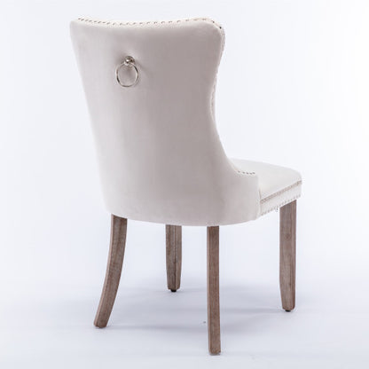 Single Beige Tufted Velvet Dining Chair, Solid Wood Frame & Wood Legs, Nailhead Trim, 280lbs Capacity