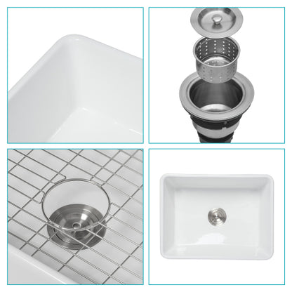 Ceramic White 24 inch Kitchen Single Bowl Farmhouse Sink Rectangular Vessel Sink