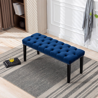 Upholstered Tufted Bench Ottoman , Velvet Dining Bench Bedroom Bench  Footrest Stool Accent Bench for Entryway Dining Room Living Room, Blue