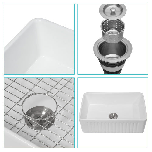 White Farmhouse Sink - 30 x 18 x 10 inch Kitchen Sink Apron-front White Porcelain Ceramic Reversible Single Bowl Kitchen Farm Sinks