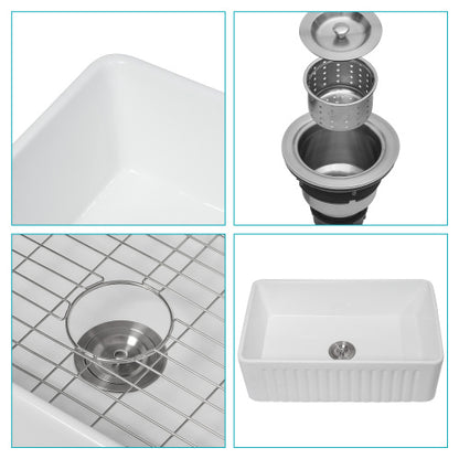 White Farmhouse Sink - 30 x 18 x 10 inch Kitchen Sink Apron-front White Porcelain Ceramic Reversible Single Bowl Kitchen Farm Sinks