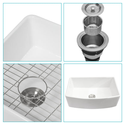 White Farmhouse Sink - 33 x 19 x 10 inch White Kitchen Sink Porcelain Ceramic Arch Edge Apron Front Single Bowl Farm Kitchen Sinks