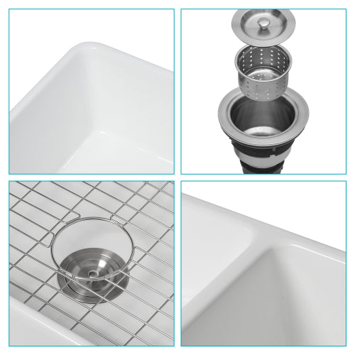 White Farmhouse Sink - 33 x 18 x 10 Inch Kitchen Sink Apron Front Double Bowl 50/50 White Porcelain Ceramic Kitchen Farm Sink