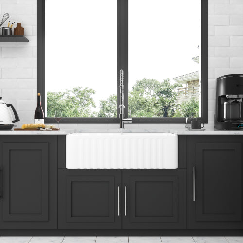 White Farmhouse Sink - 33 x 18 x 10 Inch Kitchen Sink Apron Front Double Bowl 50/50 White Porcelain Ceramic Kitchen Farm Sink