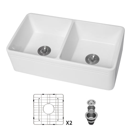 White Farmhouse Sink - 33 x 18 x 10 Inch Kitchen Sink Apron Front Double Bowl 50/50 White Porcelain Ceramic Kitchen Farm Sink