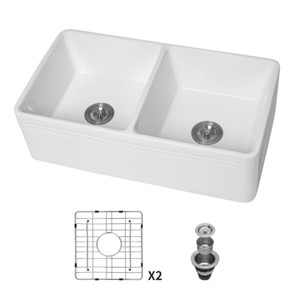 White Farmhouse Sink - 33 x 18 x 10 Inch Kitchen Sink Apron Front Double Bowl 50/50 White Porcelain Ceramic Kitchen Farm Sink