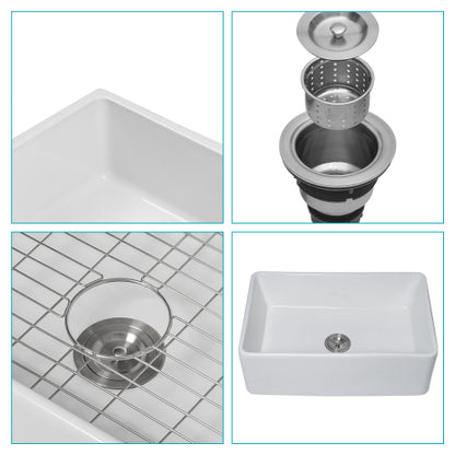 White Farmhouse Sink - 30 x 20 x 10 inch Kitchen Sink Apron-front White Ceramic Porcelain Reversible Single Bowl Kitchen Farm Sinks