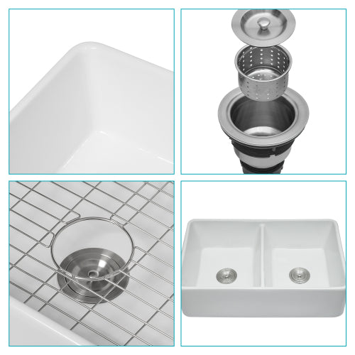 White Farmhouse Sink - 32 x 20 x 9 inches Ceramic Porcelain Double Bowl Farm Apron Front Kitchen Sink