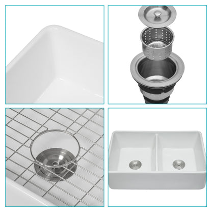 White Farmhouse Sink - 32 x 20 x 9 inches Ceramic Porcelain Double Bowl Farm Apron Front Kitchen Sink