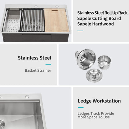 33 Drop In Kitchen Sink - 33 x 22 x 9 Stainless Steel Drop In Sink Ledge Workstation 16 Gauge Topmount Kitchen Sink Single Bowl
