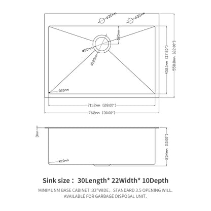 30 x 22 x 10 inch Kitchen Sink Drop In Gunmetal Black 16 Gauge Stainless Steel 30" Single Bowl Topmount Kitchen Sink Basin