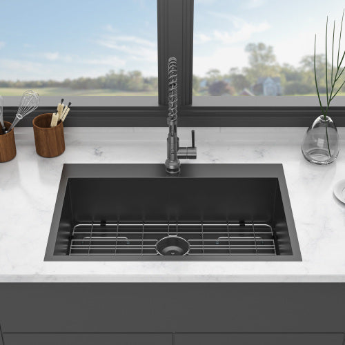 30 x 22 x 9 inch Drop In Kitchen Sink - Topmount Gunmetal Black Stainless Steel 16 Gauge Singe Bowl Kitchen Sink Basin