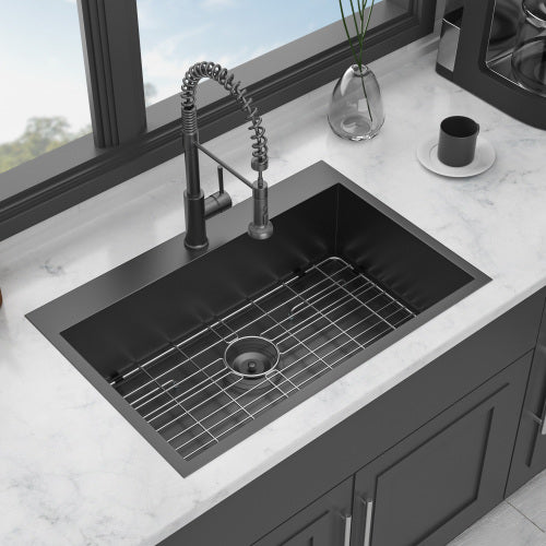 30 x 22 x 9 inch Drop In Kitchen Sink - Topmount Gunmetal Black Stainless Steel 16 Gauge Singe Bowl Kitchen Sink Basin
