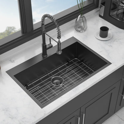 30 x 22 x 9 inch Drop In Kitchen Sink - Topmount Gunmetal Black Stainless Steel 16 Gauge Singe Bowl Kitchen Sink Basin