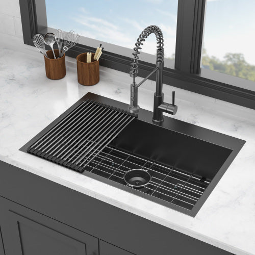 30 x 22 x 9 inch Drop In Kitchen Sink - Topmount Gunmetal Black Stainless Steel 16 Gauge Singe Bowl Kitchen Sink Basin
