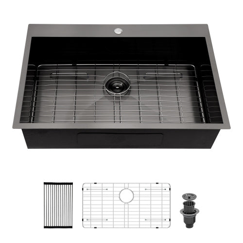 30 x 22 x 9 inch Drop In Kitchen Sink - Topmount Gunmetal Black Stainless Steel 16 Gauge Singe Bowl Kitchen Sink Basin
