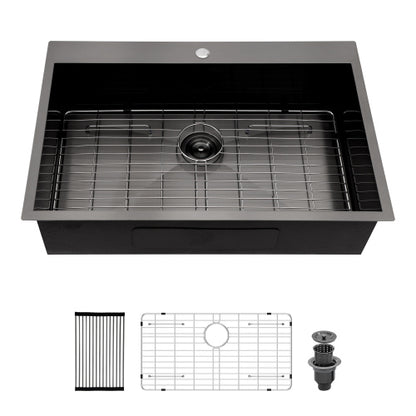 30 x 22 x 9 inch Drop In Kitchen Sink - Topmount Gunmetal Black Stainless Steel 16 Gauge Singe Bowl Kitchen Sink Basin