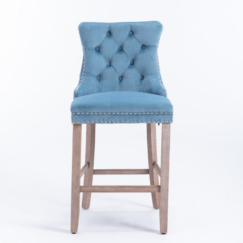 Contemporary Velvet Upholstered Barstools with Button Tufted Decoration and Wooden Legs, and Chrome Nailhead Trim, Leisure Style Bar Chairs,Bar stools, Set of 2 (Light Blue)