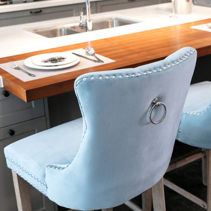 Contemporary Velvet Upholstered Barstools with Button Tufted Decoration and Wooden Legs, and Chrome Nailhead Trim, Leisure Style Bar Chairs,Bar stools, Set of 2 (Light Blue)