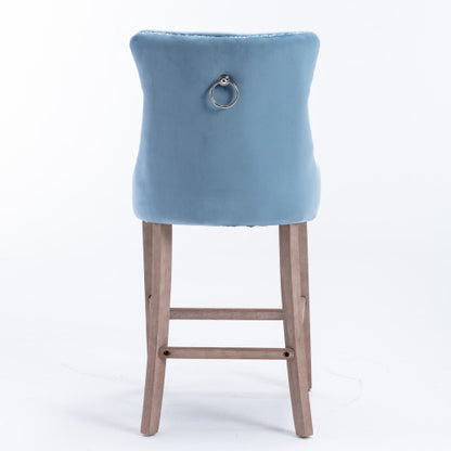 Contemporary Velvet Upholstered Barstools with Button Tufted Decoration and Wooden Legs, and Chrome Nailhead Trim, Leisure Style Bar Chairs,Bar stools, Set of 2 (Light Blue)