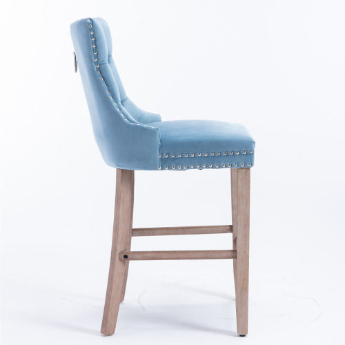Contemporary Velvet Upholstered Barstools with Button Tufted Decoration and Wooden Legs, and Chrome Nailhead Trim, Leisure Style Bar Chairs,Bar stools, Set of 2 (Light Blue)