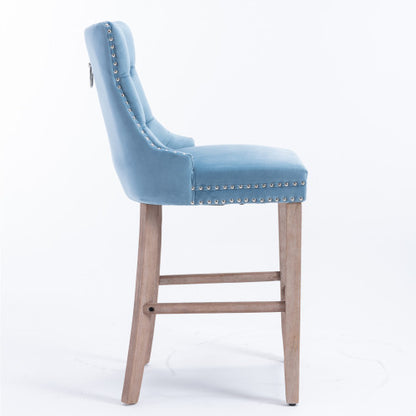 Contemporary Velvet Upholstered Barstools with Button Tufted Decoration and Wooden Legs, and Chrome Nailhead Trim, Leisure Style Bar Chairs,Bar stools, Set of 2 (Light Blue)