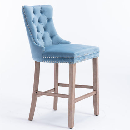 Contemporary Velvet Upholstered Barstools with Button Tufted Decoration and Wooden Legs, and Chrome Nailhead Trim, Leisure Style Bar Chairs,Bar stools, Set of 2 (Light Blue)