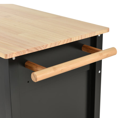 Black Solid Wood Top Kitchen Island Cart With Locking Wheels