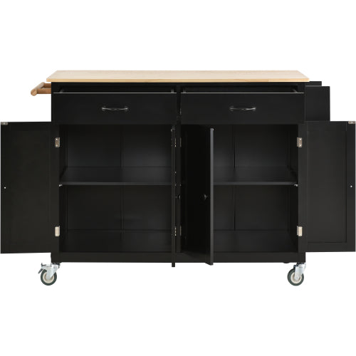 Black Solid Wood Top Kitchen Island Cart With Locking Wheels