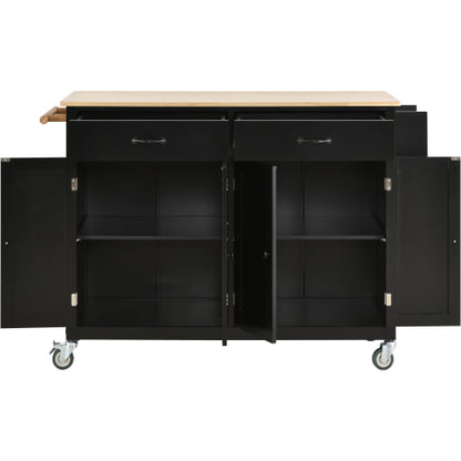 Black Solid Wood Top Kitchen Island Cart With Locking Wheels