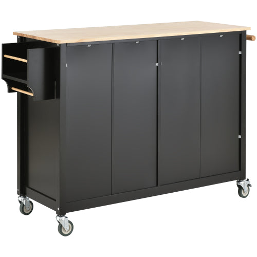 Black Solid Wood Top Kitchen Island Cart With Locking Wheels