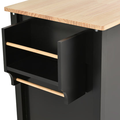 Black Solid Wood Top Kitchen Island Cart With Locking Wheels