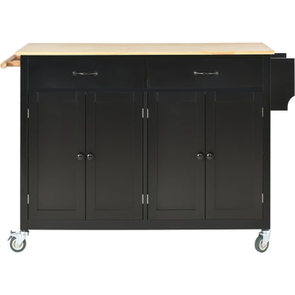 Black Solid Wood Top Kitchen Island Cart With Locking Wheels