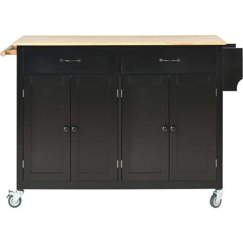 Black Solid Wood Top Kitchen Island Cart With Locking Wheels