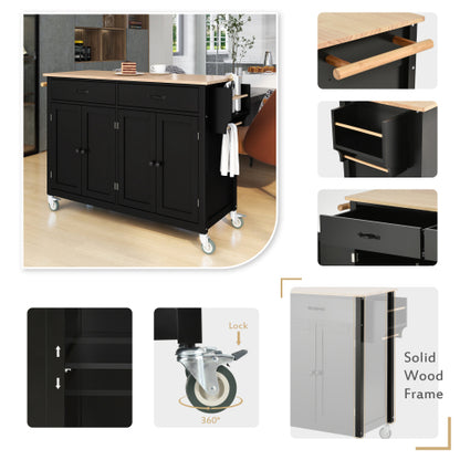 Black Solid Wood Top Kitchen Island Cart With Locking Wheels