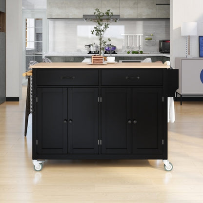 Black Solid Wood Top Kitchen Island Cart With Locking Wheels
