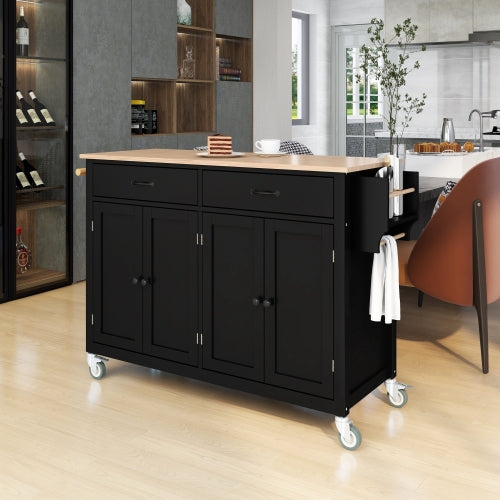 Black Solid Wood Top Kitchen Island Cart With Locking Wheels