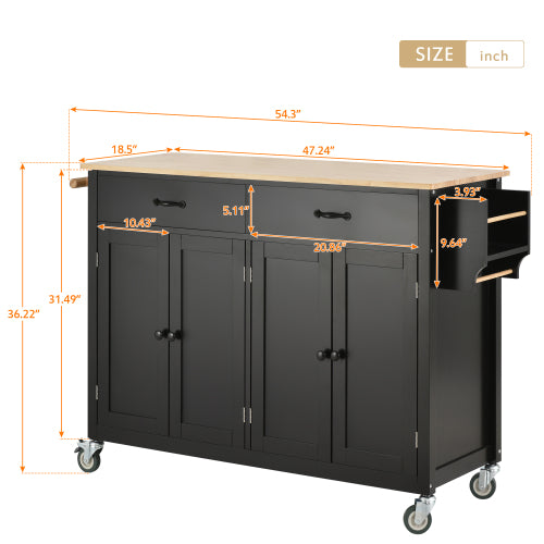Black Solid Wood Top Kitchen Island Cart With Locking Wheels